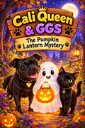 Cali Queen and GGs with Pip and a glowing pumpkin lantern