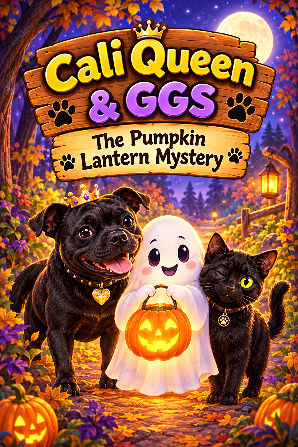 Cali Queen and GGs with Pip and a glowing pumpkin lantern